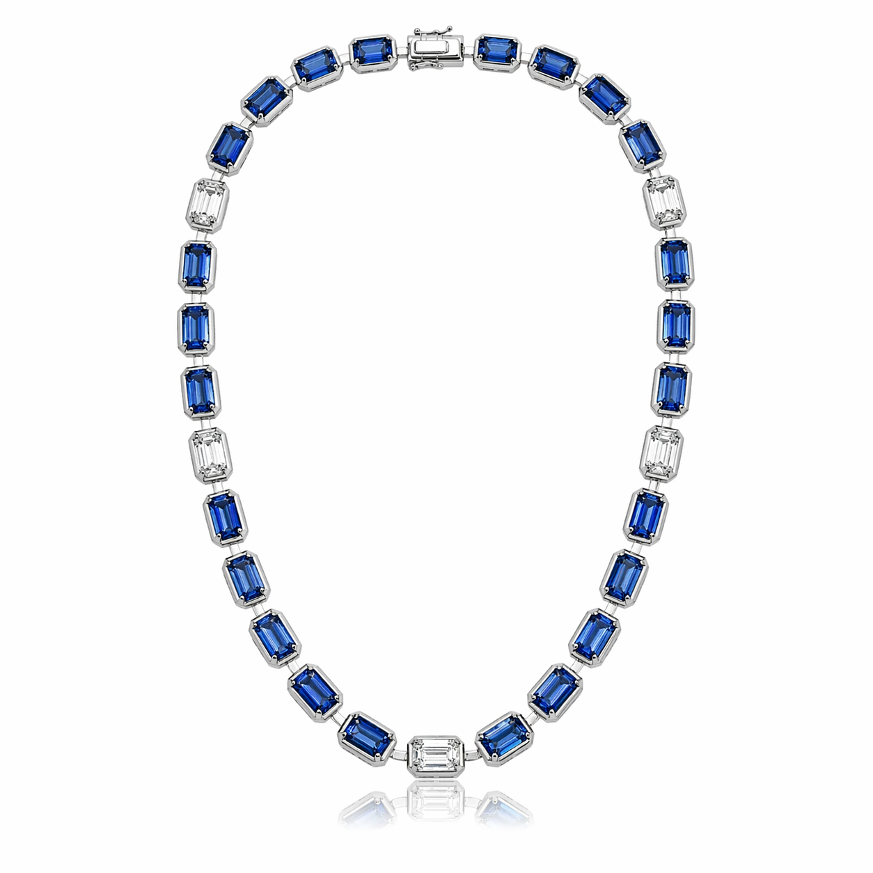 3.53CT Emerald Cut Lab Diamond 12.09CT Blue Sapphire 14K White Gold Necklace