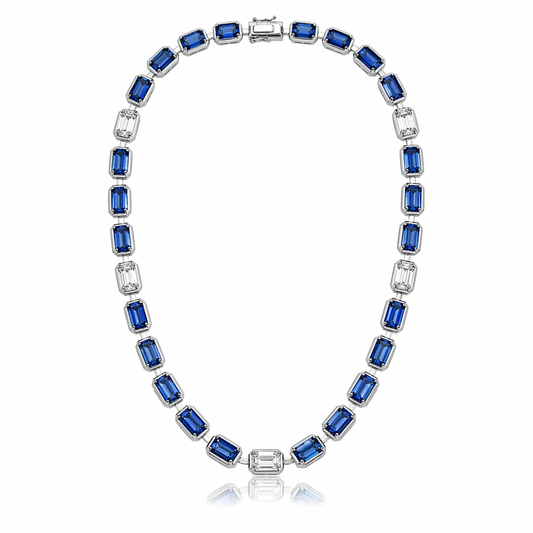 3.53CT Emerald Cut Lab Diamond 12.09CT Blue Sapphire 14K White Gold Necklace