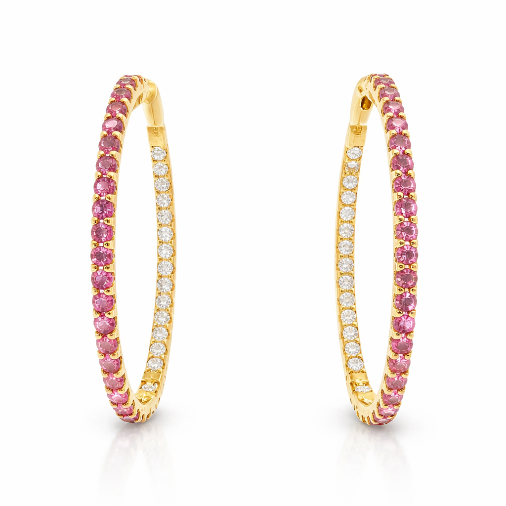 0.81CT Diamond 1.87CT Pink Sapphire HOOP 14k Yellow Gold Earring