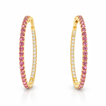 0.81CT Diamond 1.87CT Pink Sapphire HOOP 14k Yellow Gold Earring