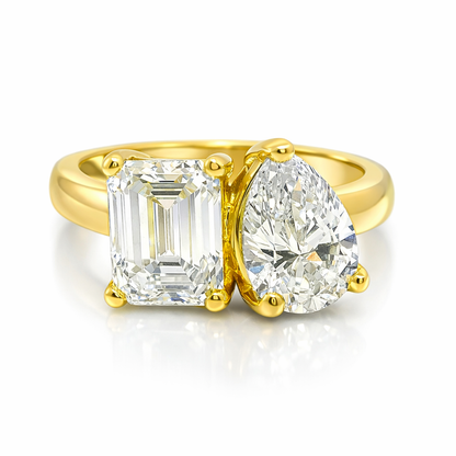 1.87CT Emerald Shape 1.38CT Pear Shape Lab Diamond Ring 14k Yellow Gold