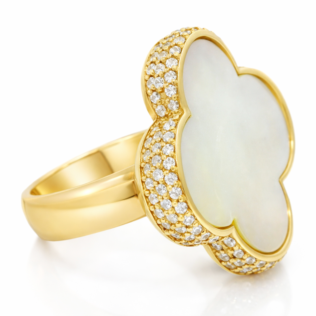 0.77CT Diamonds with Mother of Pearl Clover Ring 14K Yellow Gold