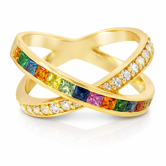 0.22CT Diamond and 0.93CT Mixed Sapphire Gemstone Ring 14K Yellow Gold