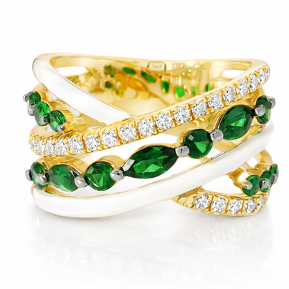 0.26CT Diamond and 0.99CT Green Garnet with White Enamel 14K Yellow Gold