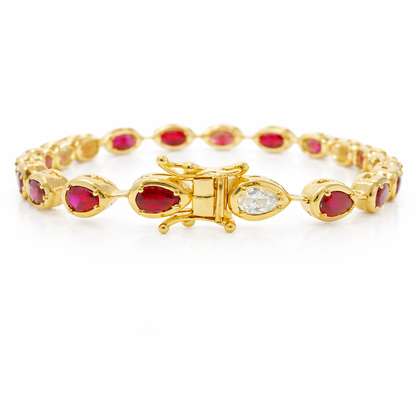 0.92CT Pear Shape Lab Diamond 3.07CT Ruby 14K Yellow Gold Bracelet