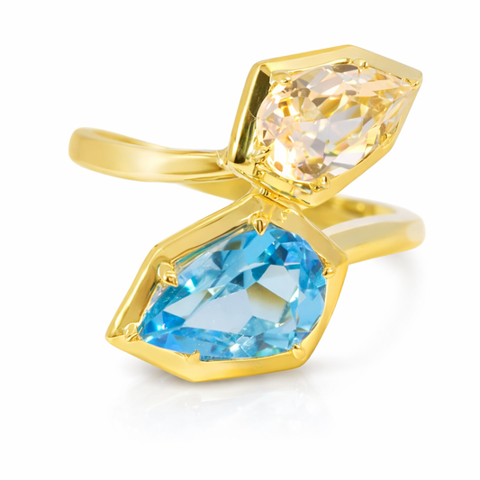 1.52CT Blue and 0.87CT White Topaz Ring 14K Yellow Gold