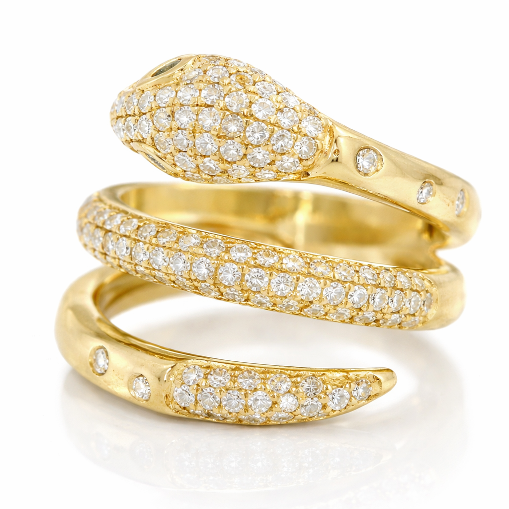 0.90 Diamond and 0.04CT Emerald Serpent Ring 14K Yellow Gold