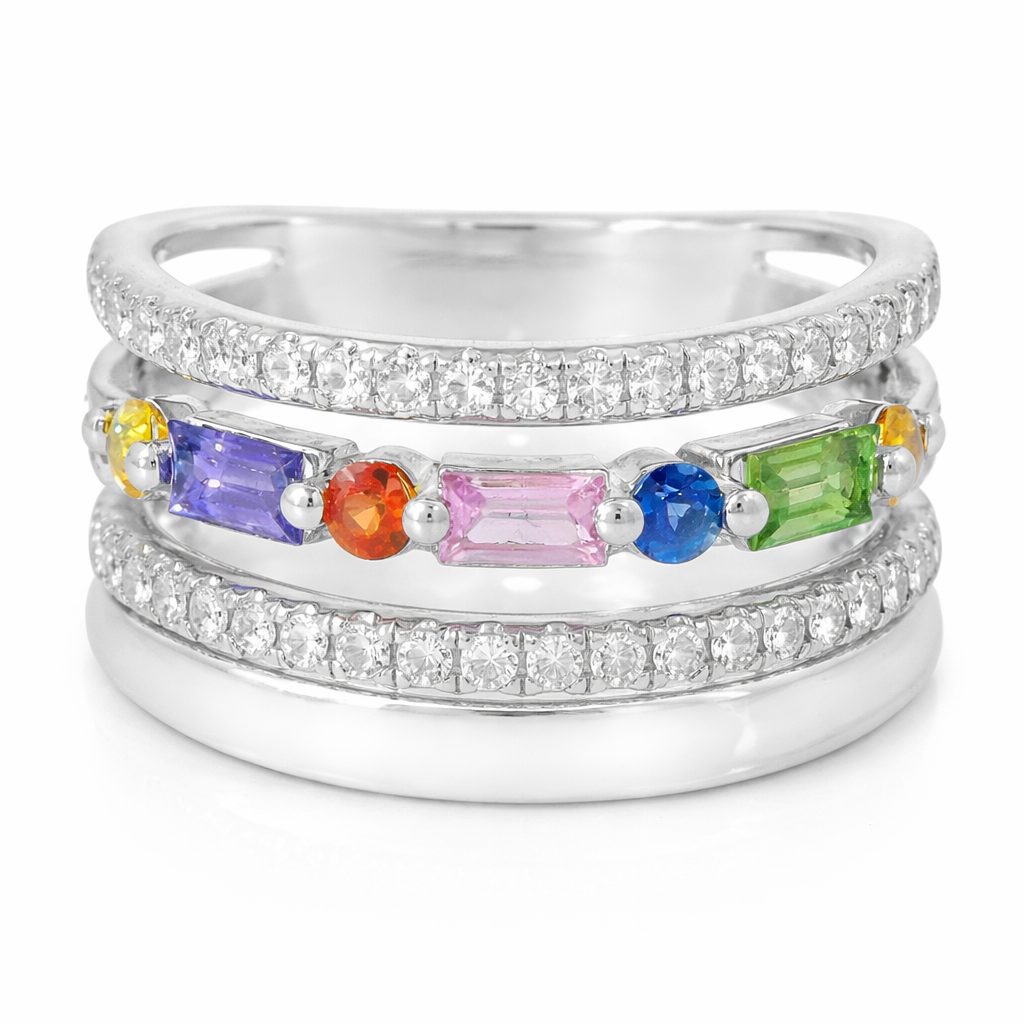 0.26CT Diamond and 0.64CT Multi Sapphire Gemstone Ring 14K White Gold