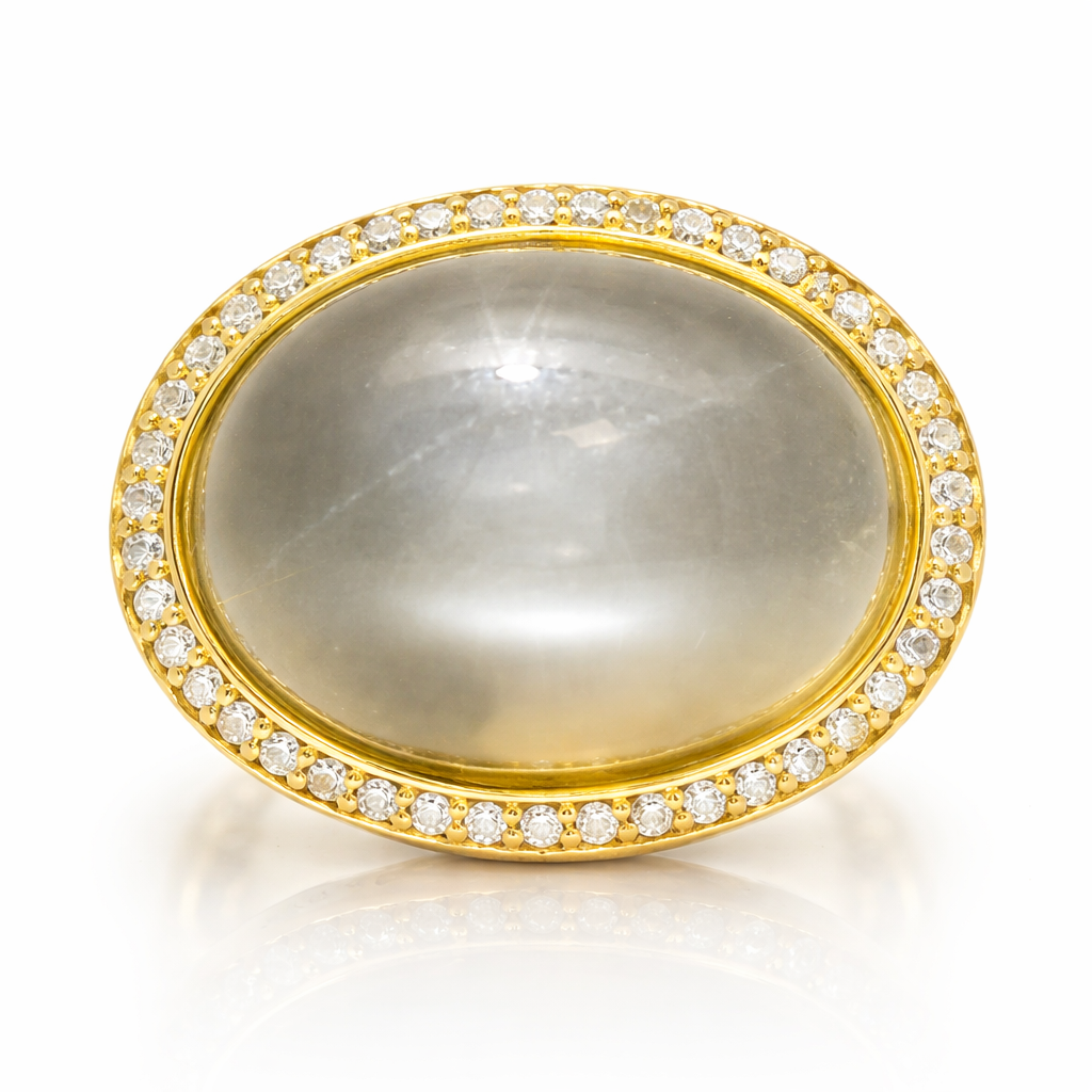 0.44CT Diamond Grey Moon Quartz Ring 14k Yellow Gold