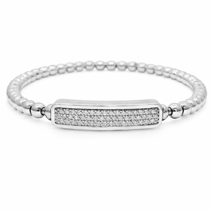 0.50CT Diamond ID Plain Beads Stretch Bangle 14k White Gold