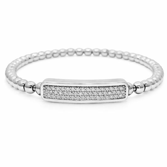 0.50CT Diamond ID Plain Beads Stretch Bangle 14k White Gold