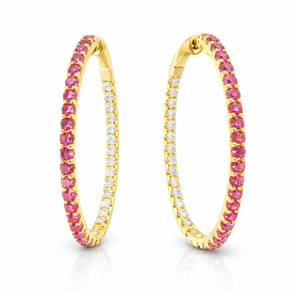 0.81CT Diamond 1.87CT Pink Sapphire HOOP 14k Yellow Gold Earring