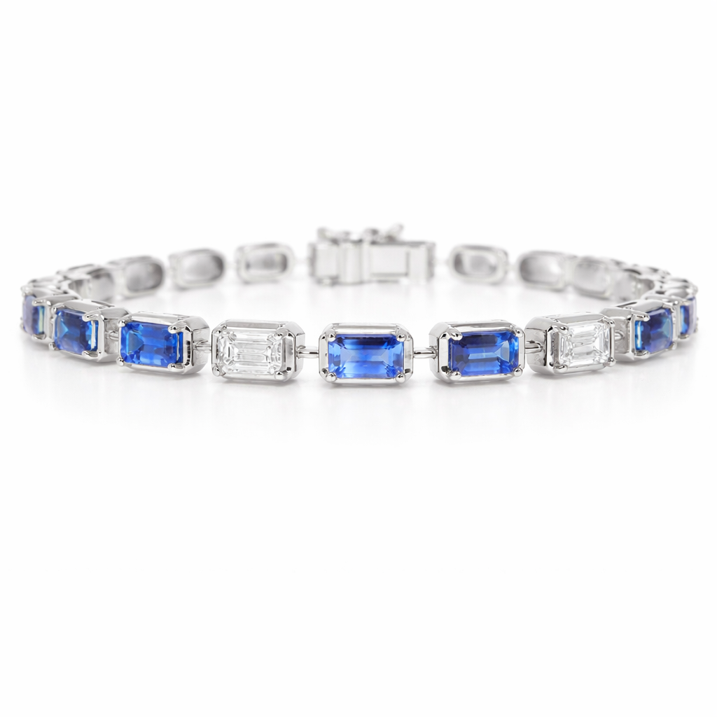 1.89CT Emerald Cut Lab Diamond 5.39CT Blue Sapphire 14K White Gold Bracelet