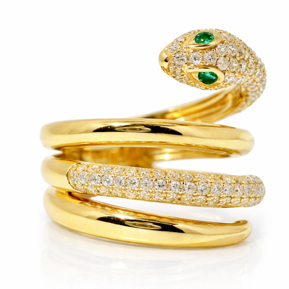 0.64CT Round Cut Diamonds .03CT Emerald Serpent Ring 14K Gold