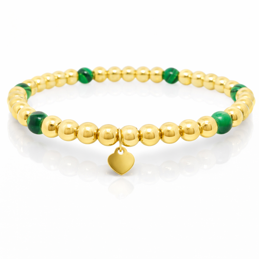 Plain Beaded with Malachite 14k Yellow Gold Bangle