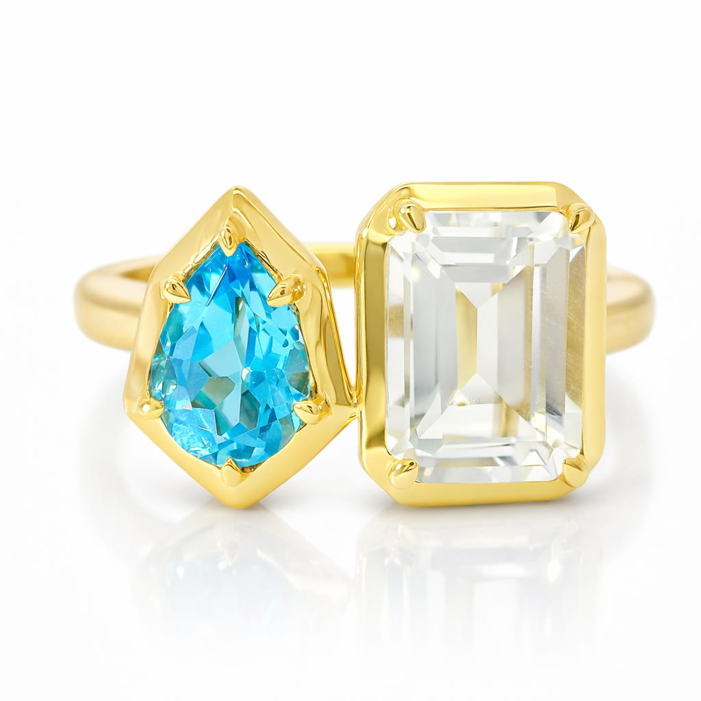 0.73CT Blue Topaz and 1.89CT White Topaz Ring 14 Yellow Gold
