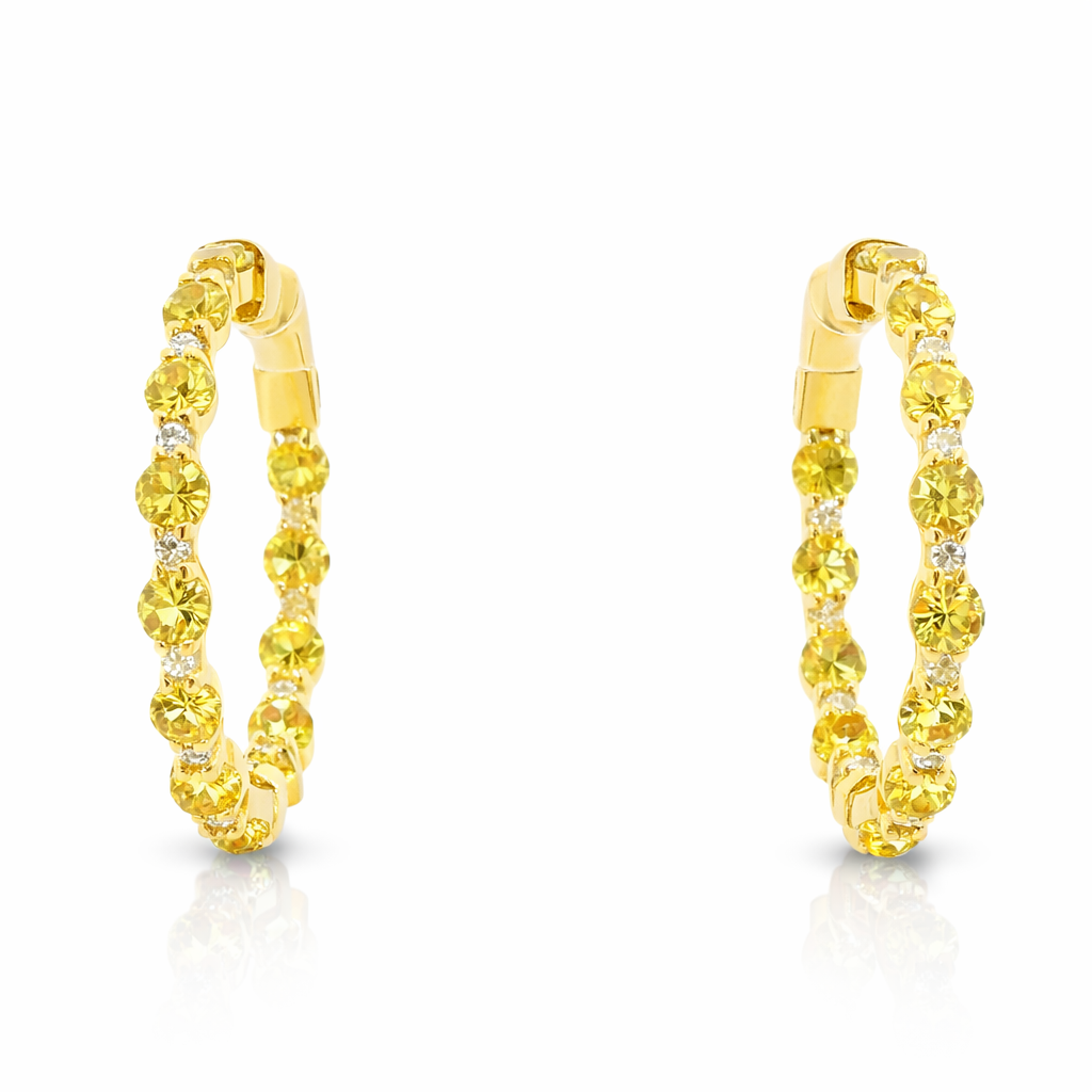 0.22CT Diamond 2.20CT Yellow Sapphire HOOP 14k Yellow Gold Earring
