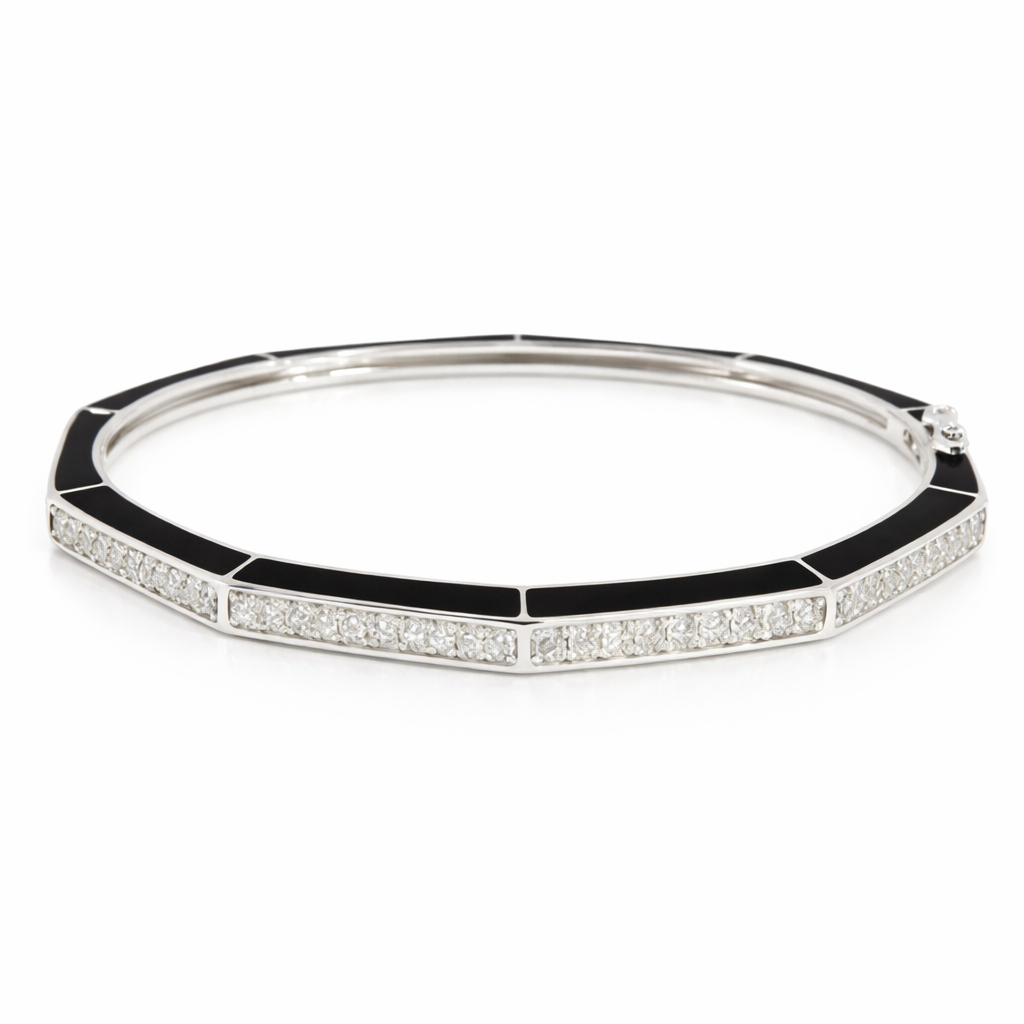 0.83Ct Diamond Bangle with Black Enamel 14k White Gold