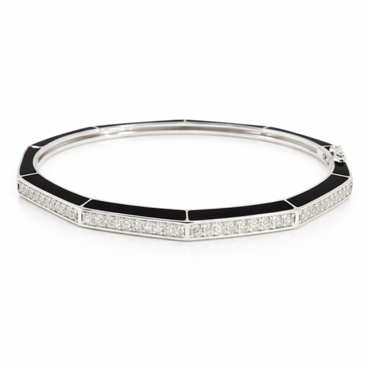 0.83Ct Diamond Bangle with Black Enamel 14k White Gold