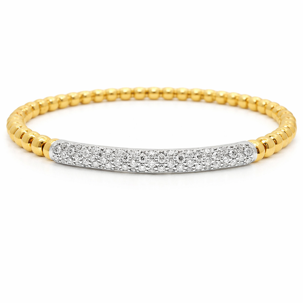 0.64CT Diamond ID Plain Beads Stretch Bangle 14k Yellow Gold