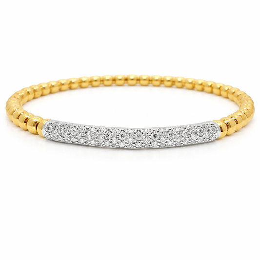 0.64CT Diamond ID Plain Beads Stretch Bangle 14k Yellow Gold