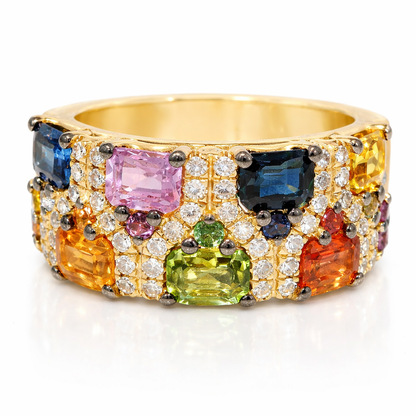 0.28CT Diamond Ring 2.16CT Multi Sapphire 14K Yellow Gold