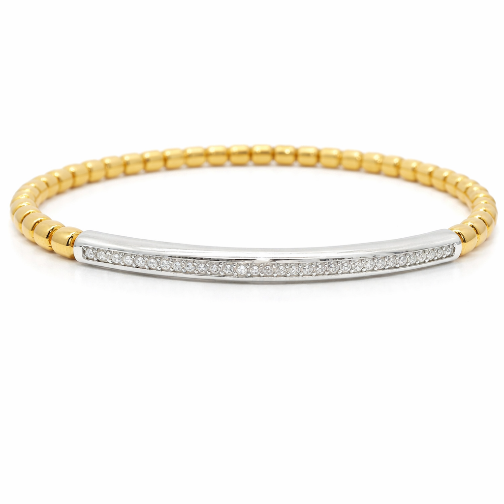 0.50CT Diamond ID Plain Beads Stretch Bangle 14k Yellow Gold