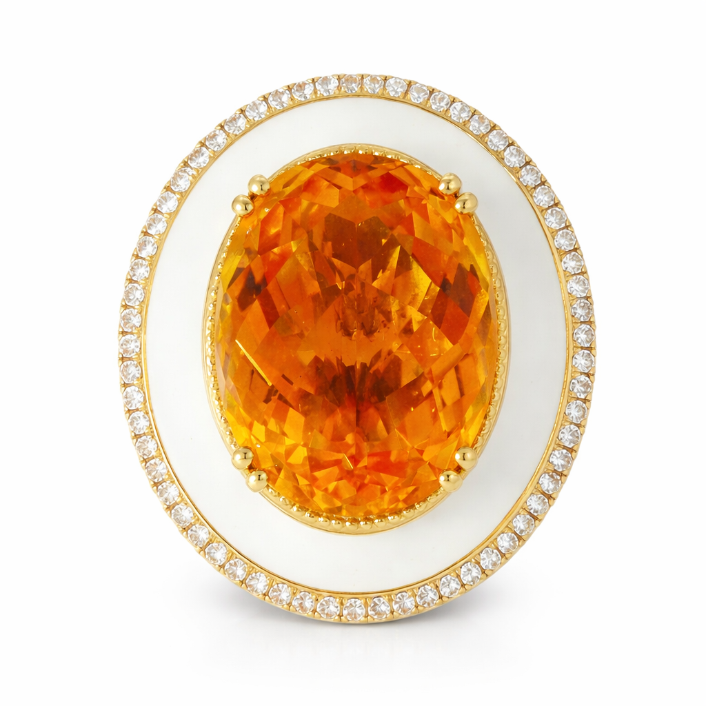 0.29CT Diamond and 12.80CT Gold Citrine with White Enamel Ring 14K Yellow Gold