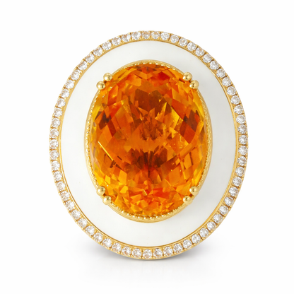 0.29CT Diamond and 12.80CT Gold Citrine with White Enamel Ring 14K Yellow Gold