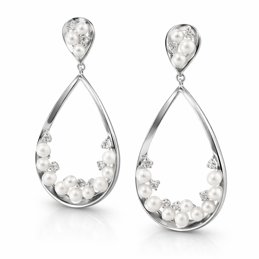 0.16CT Diamond  14k White Gold Pearl Earring