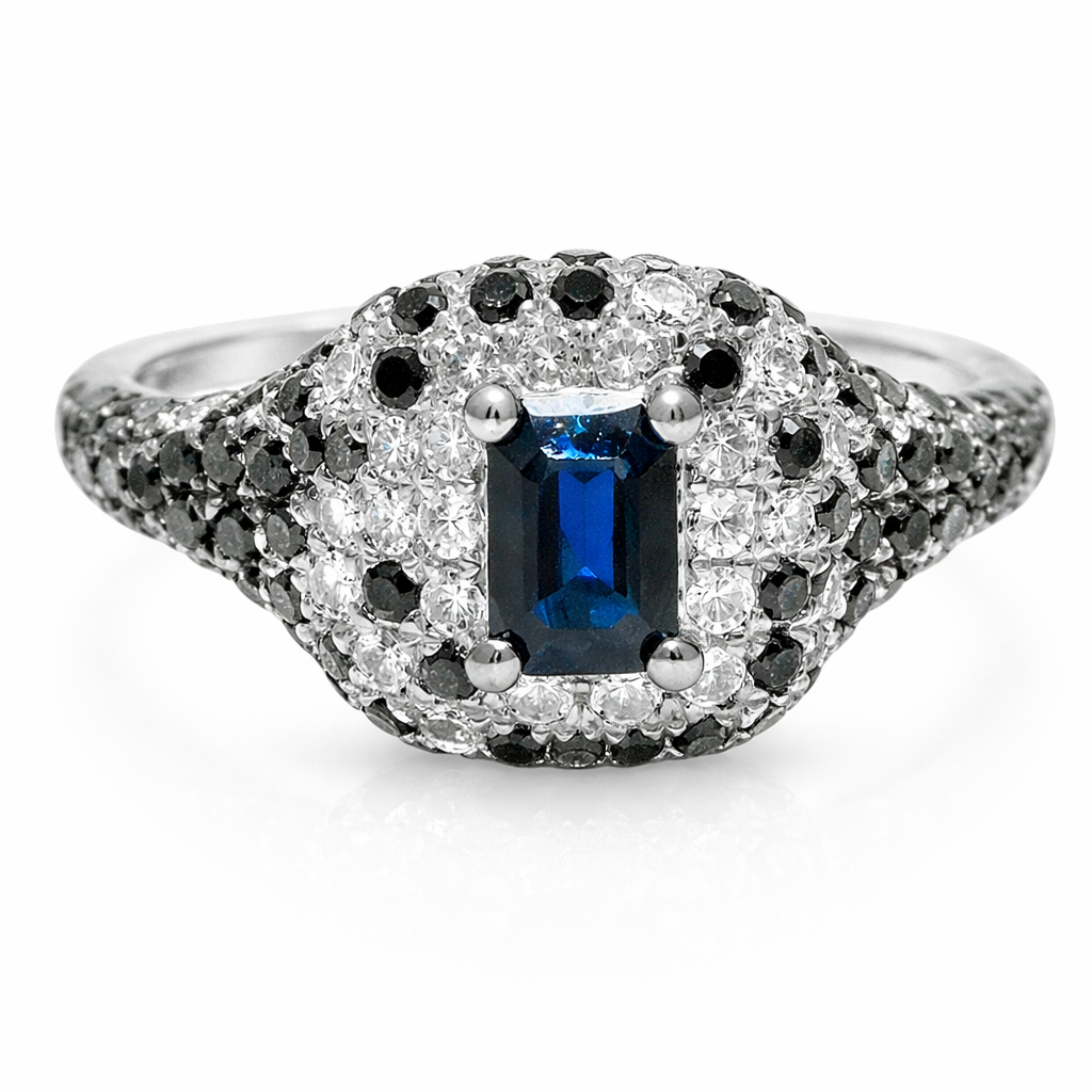 0.10Ct Diamond & 0.83CT Black & Blue Sapphire Ring 14k White Gold