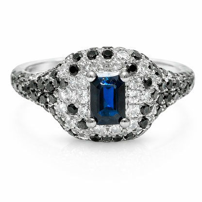 0.10Ct Diamond & 0.83CT Black & Blue Sapphire Ring 14k White Gold