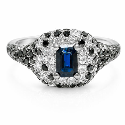 0.10Ct Diamond & 0.83CT Black & Blue Sapphire Ring 14k White Gold