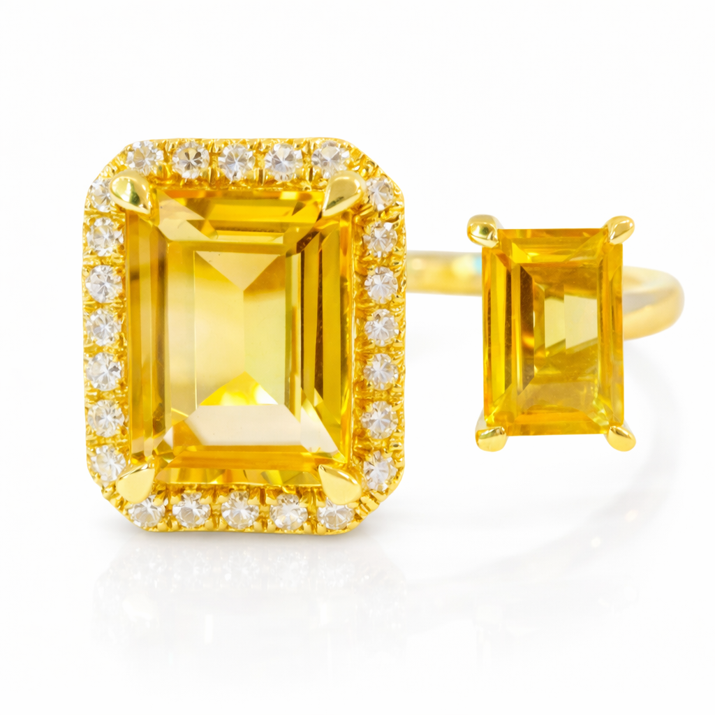0.12CT Diamond and 1.99CT Emerald Cut Yellow Quartz Ring 14K Yellow Gold