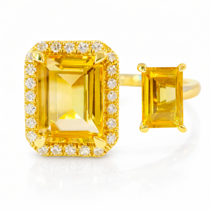 0.12CT Diamond and 1.99CT Emerald Cut Yellow Quartz Ring 14K Yellow Gold