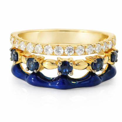 0.24CT Diamond and 0.34CT Blue Sapphire with Blue Enamel Ring 14K Yellow Gold