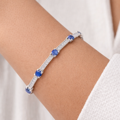 2.04Ct Blue Sapphire 0.86Ct Diamond Bracelet 14k White Gold