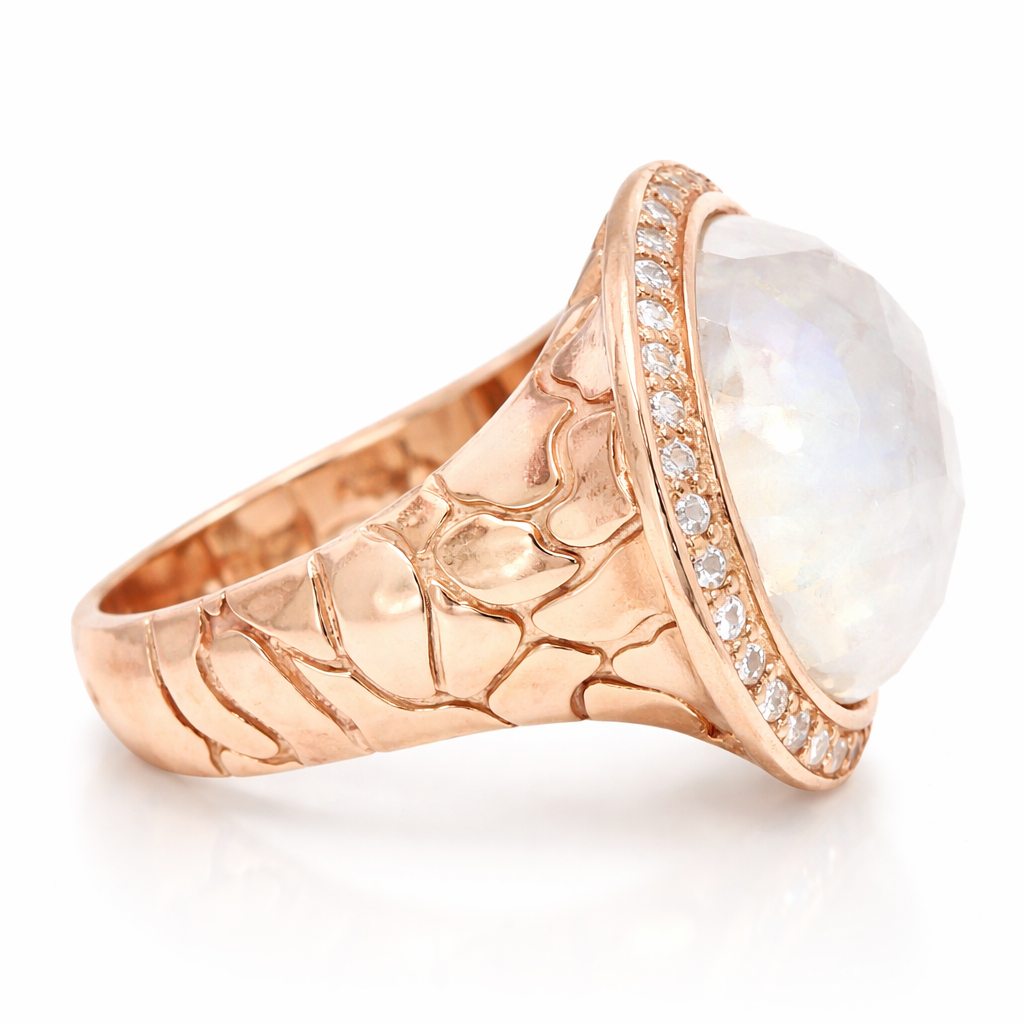 0.44CT Diamond 15.00CT Faceted Rainbow Moon Quartz 14k Rose Gold