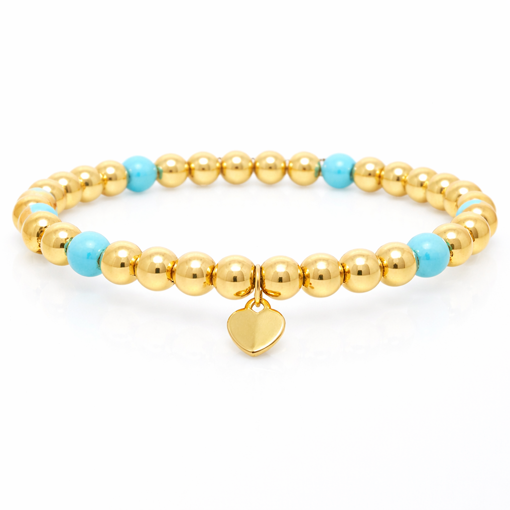 Plain Beaded with Turchese 14k Yellow Gold Bangle