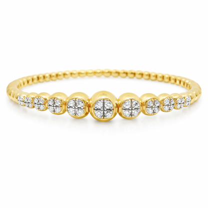 0.69CT Diamond 4 Stone Cluster ID Plain Beads Stretch Bangle 14k Yellow Gold