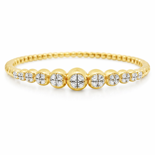 0.69CT Diamond 4 Stone Cluster ID Plain Beads Stretch Bangle 14k Yellow Gold