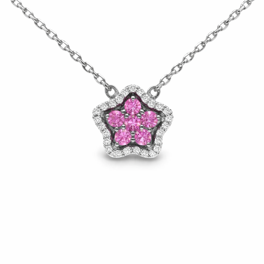 0.18CT Diamond 0.42CT Pink Sapphire Pendant 14k White Gold