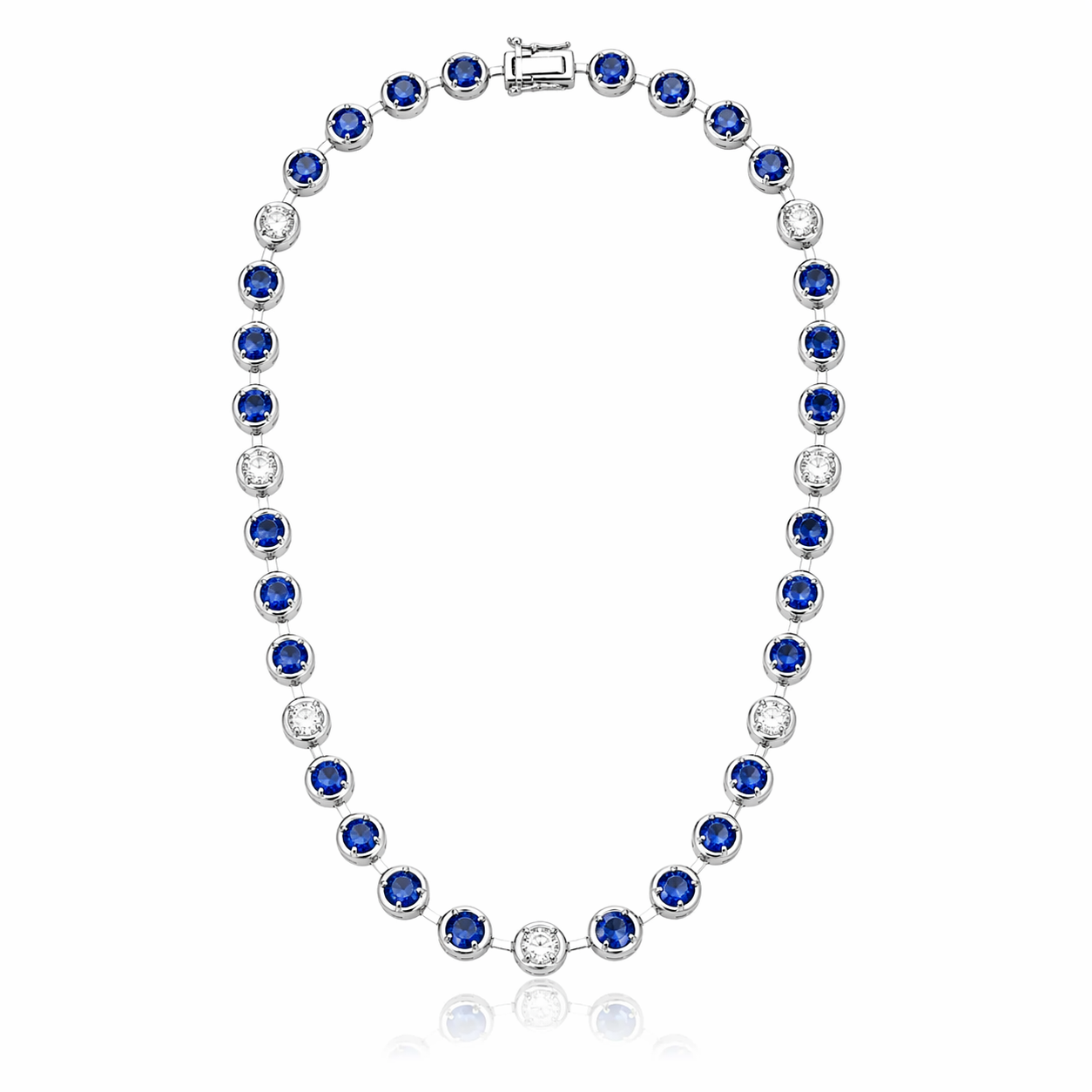 2.65CT Round Lab Diamond 11.69CT Blue Sapphire 14K White Gold Necklace