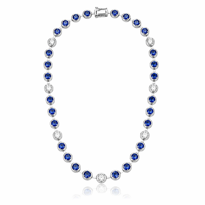 2.65CT Round Lab Diamond 11.69CT Blue Sapphire 14K White Gold Necklace