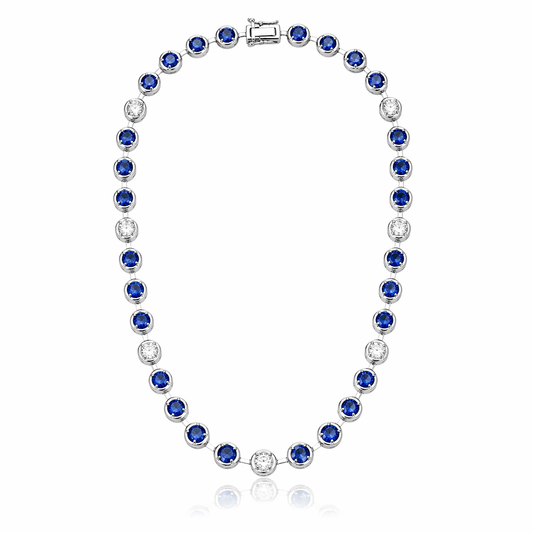 2.65CT Round Lab Diamond 11.69CT Blue Sapphire 14K White Gold Necklace