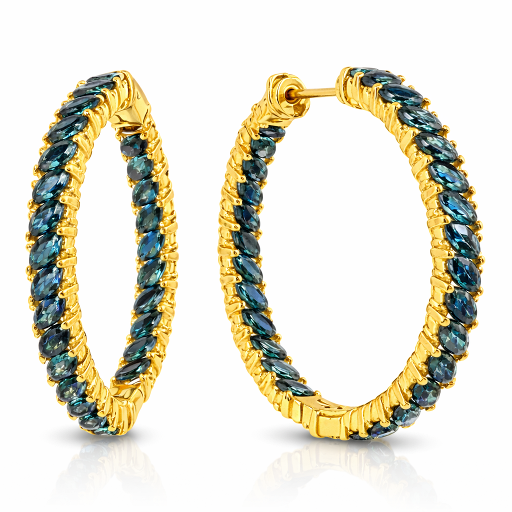 0.36CT Diamond 10.31CT Blue Sapphire HOOP 14k Yellow Gold  Earring