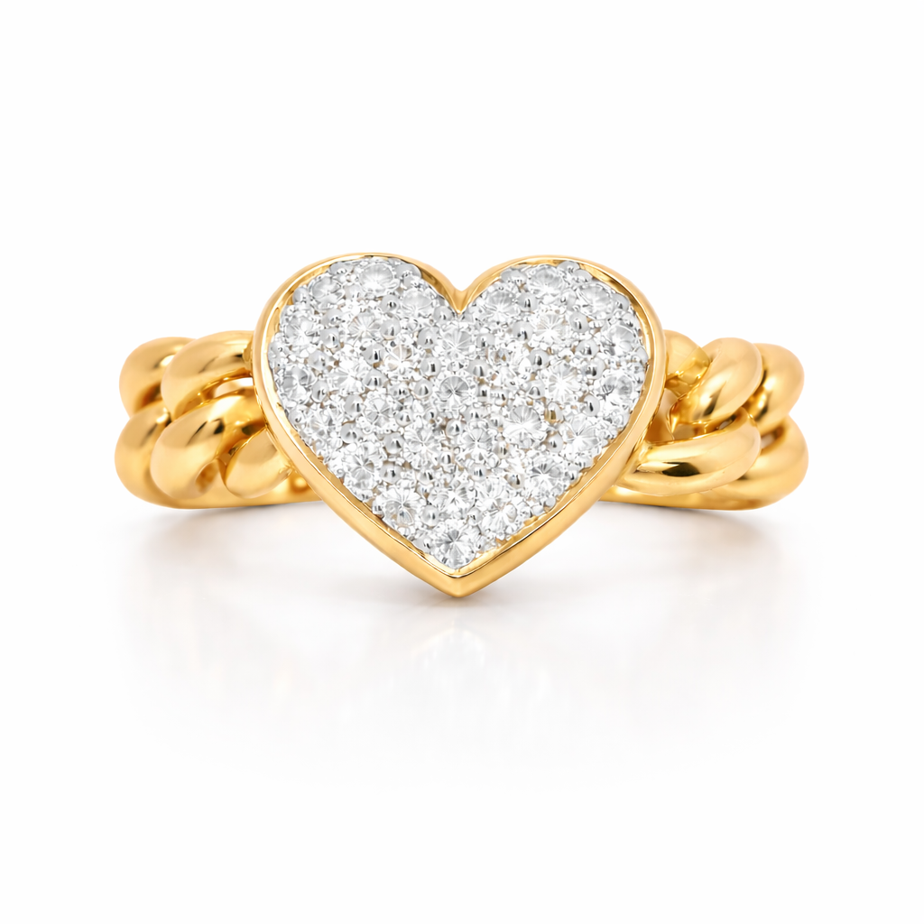 0.56CT Diamond Chain Heart Link Ring 18k Yellow Gold