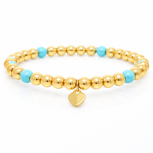 Plain Beaded with Turchese 14k Yellow Gold Bangle Thicker