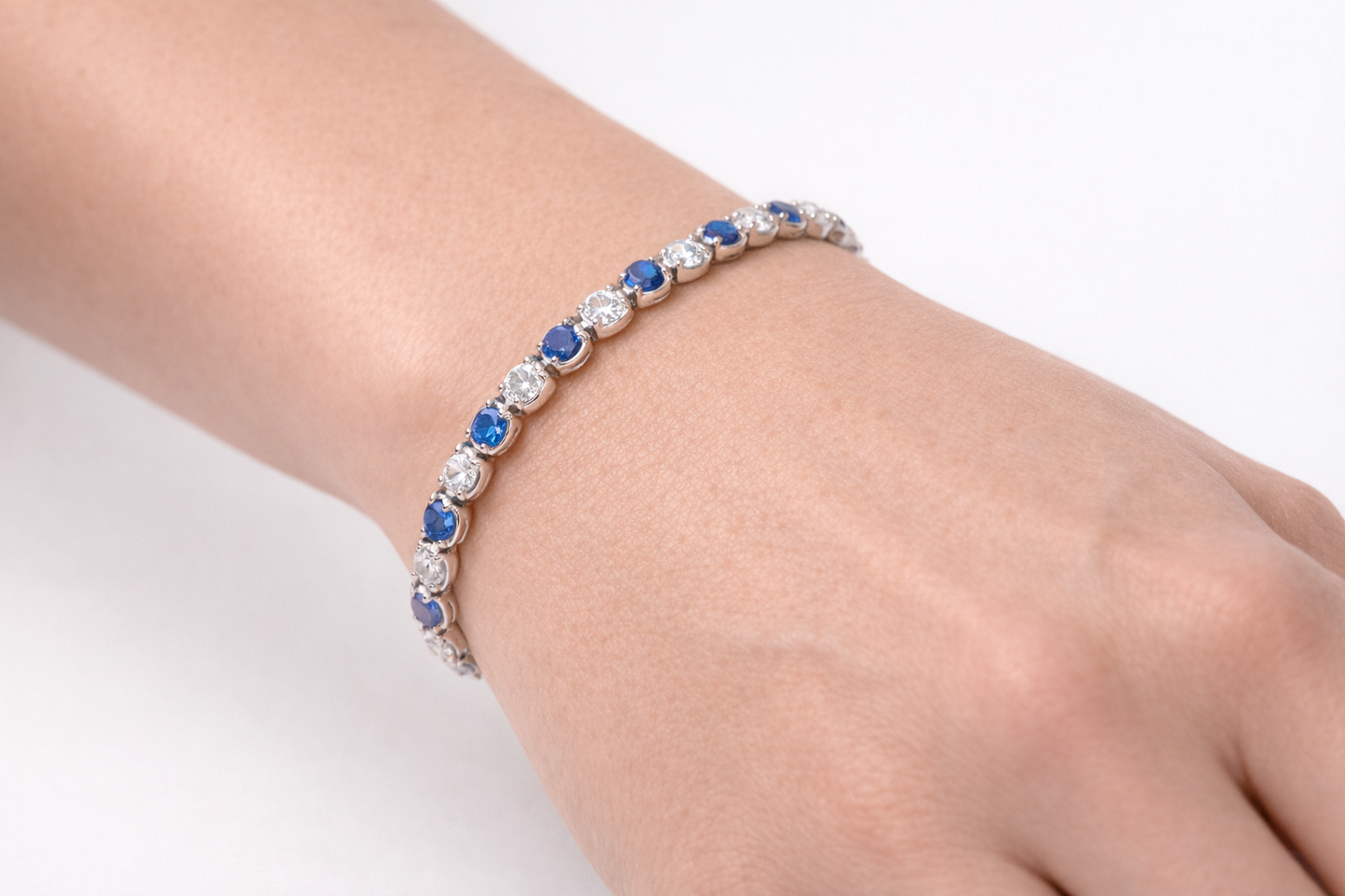 1.66CT Round Lab Diamond 5.95CT Blue Sapphire 14K White Gold Bracelet