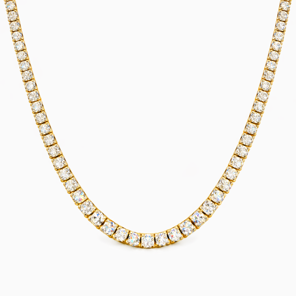 4.65CT Round Cut Diamond 4 Prong Tennis Necklace 14K Yellow Gold